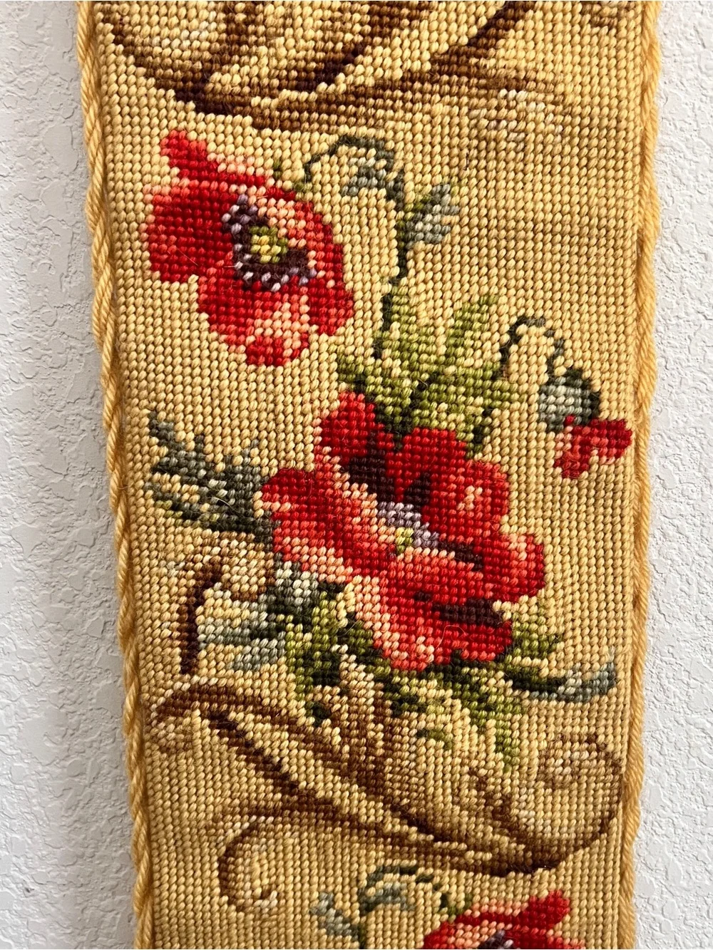Vintage Floral Needlepoint Bell Pull Wool Velvet  Brass 63”